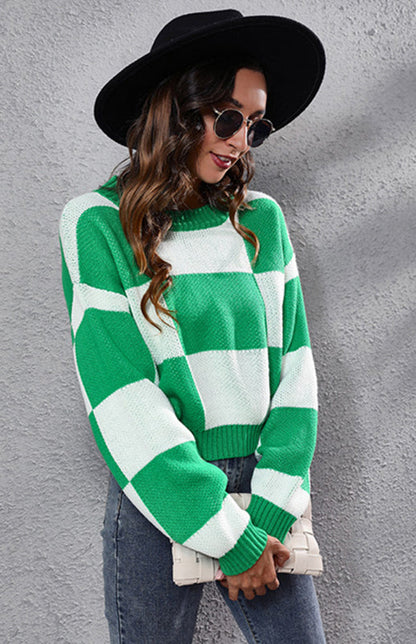 Checkerboard Long Sleeve Short Loose Knit Sweater