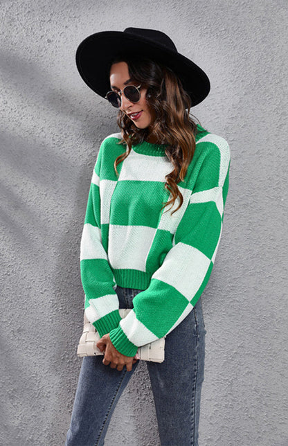 Checkerboard Long Sleeve Short Loose Knit Sweater