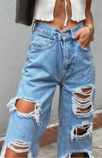Ladies Ripped Wash Style Denim Trousers