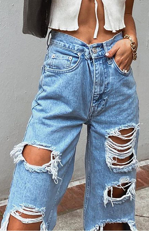 Ladies Ripped Wash Style Denim Trousers