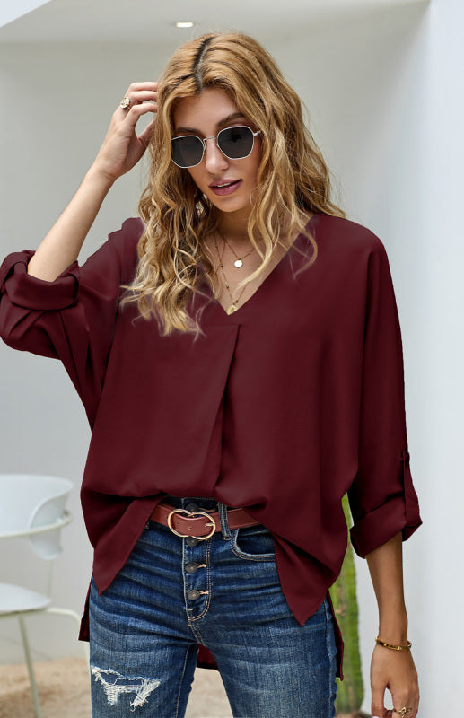 White/Black/Red/Apricot V Neck 3/4 Sleeve High Low Hem Shirt