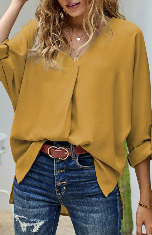 White/Black/Red/Apricot V Neck 3/4 Sleeve High Low Hem Shirt