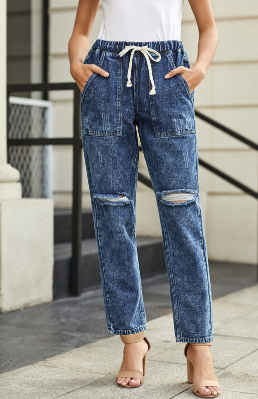 Distressed Drawstring Gather Round Distressed Pocketed Denim Jogger