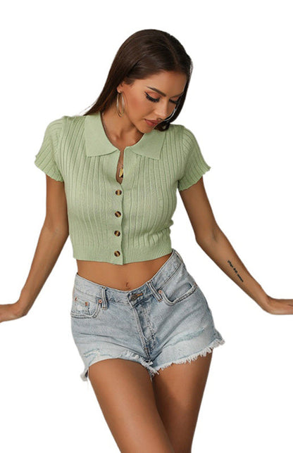 Ladies Casual POLO Collar Slim Knit Short Sleeve Top