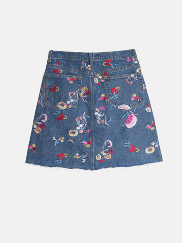 Women's Floral Embroidered High Waist Washed Denim Mid Skirt