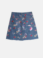 Women's Floral Embroidered High Waist Washed Denim Mid Skirt
