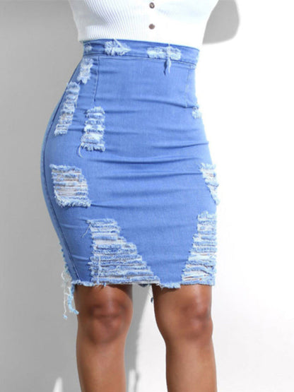 Women's spring and summer European and American ripped denim skirt