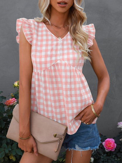 Women's V-neck sleeveless Plaid top