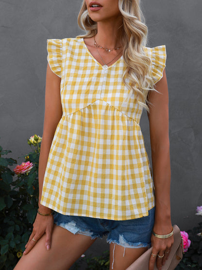 Women's V-neck sleeveless Plaid top