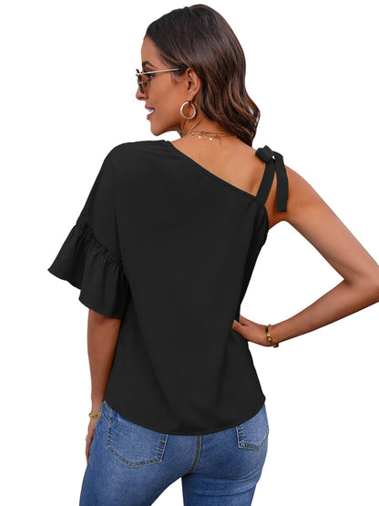 Women's fashion diagonal collar Ruffle Sleeve Chiffon Top