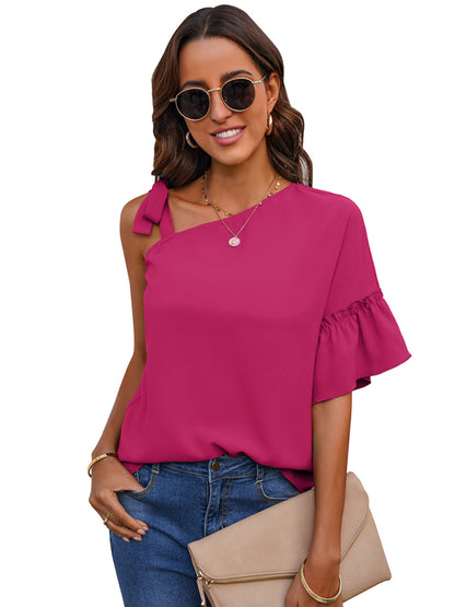 Women's fashion diagonal collar Ruffle Sleeve Chiffon Top