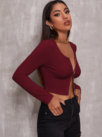 Women's retro tight sexy zipper long sleeve top