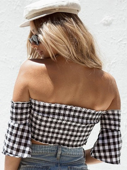 Women's word -shoulder flared sleeve grid tube top top