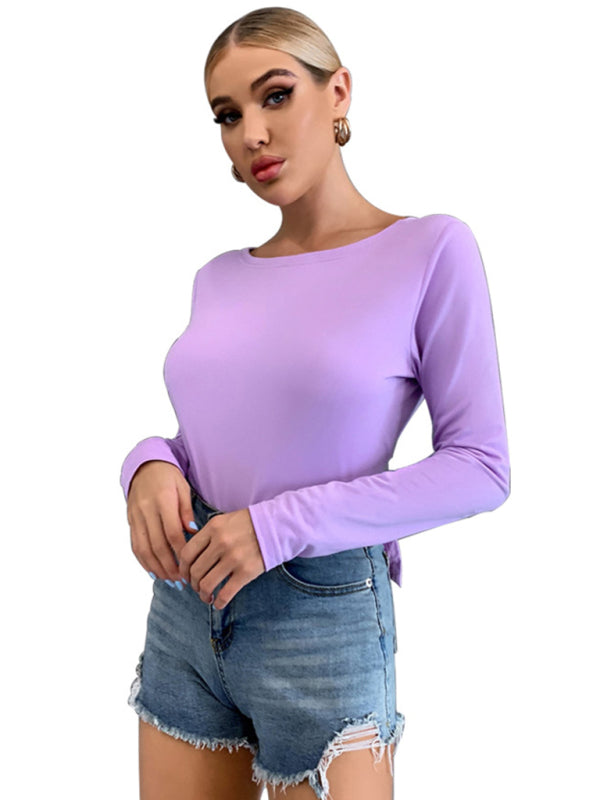 Women's hollowed back tie tie long -sleeved T -shirt