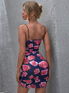 Women's shattered printing wrinkle sexy bag hip camisole dress