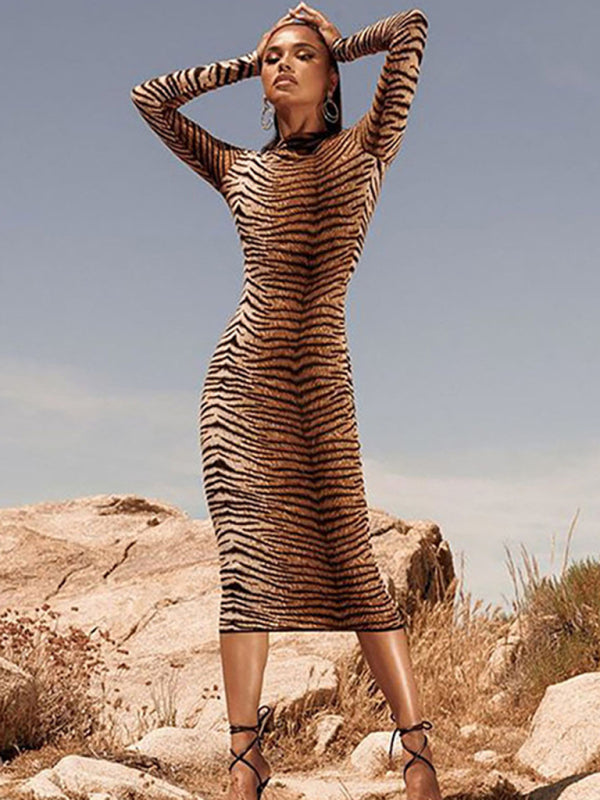 Women's sexy long -sleeved round collars leopard dress
