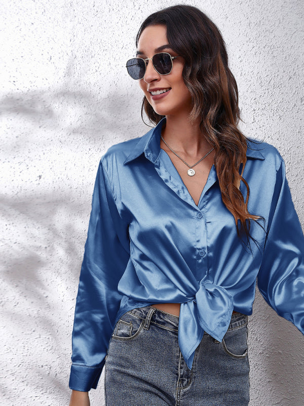 Women's Satin imitation silk long sleeved shirt