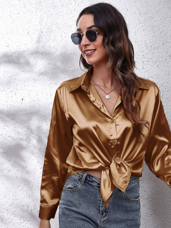 Women's Satin imitation silk long sleeved shirt