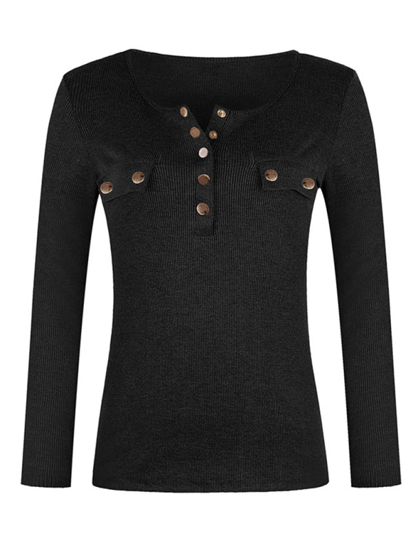 Women's Solid Color Long Sleeve Button Knit Top