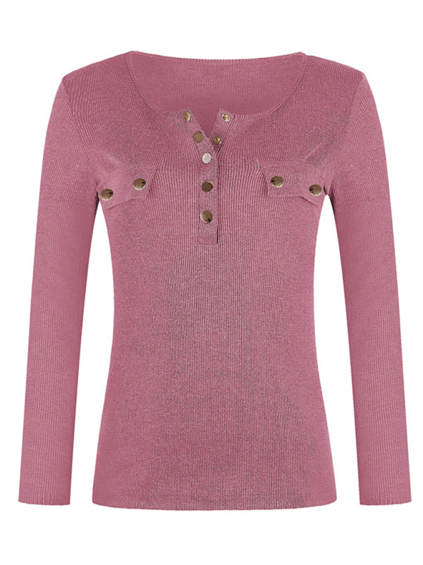Women's Solid Color Long Sleeve Button Knit Top