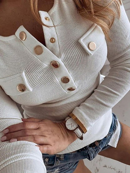 Women's Solid Color Long Sleeve Button Knit Top