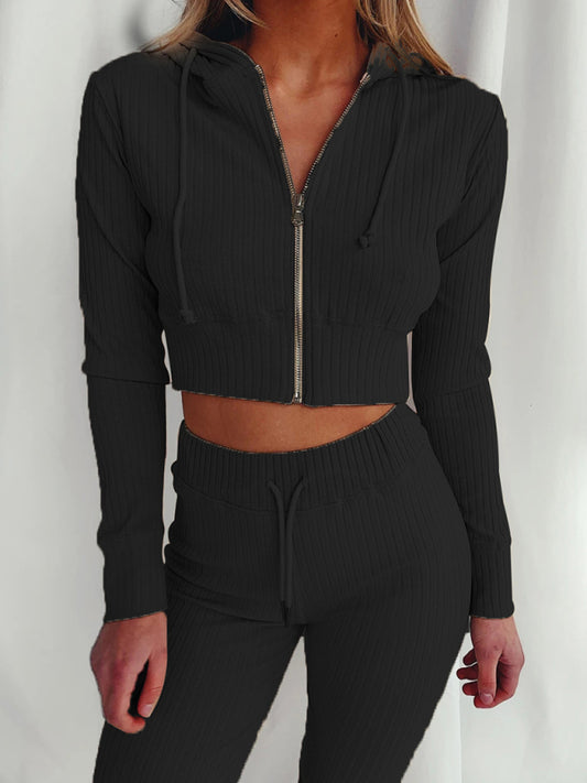 Women's Knit Hooded Two-Piece Jogger Set (Black)