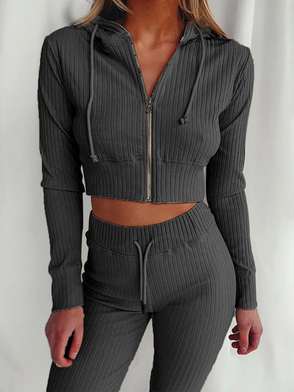 Women's Knit Hooded Two-Piece Jogger Set (Grey)