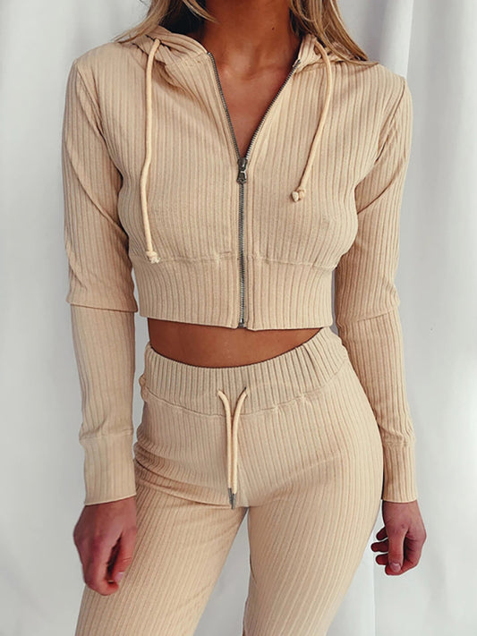Women's Knit Hooded Two-Piece Jogger Set (Khaki)
