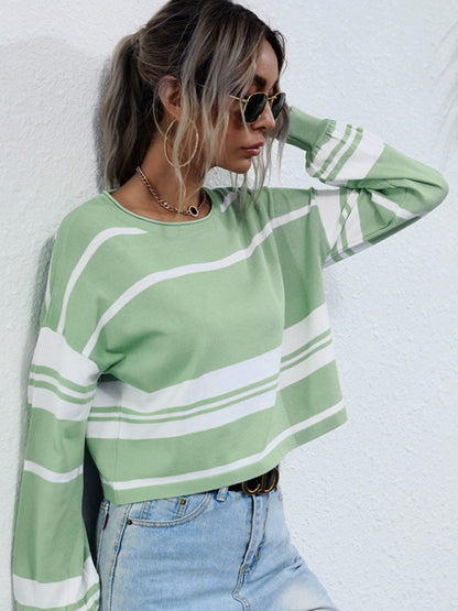 women's short knitted bottoming striped green sweater