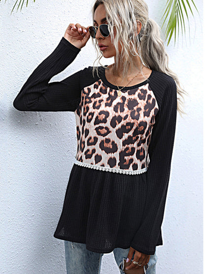 Paneled Long Sleeve Leopard Print Black Slim Fit Knit Sweater