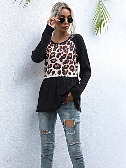 Paneled Long Sleeve Leopard Print Black Slim Fit Knit Sweater