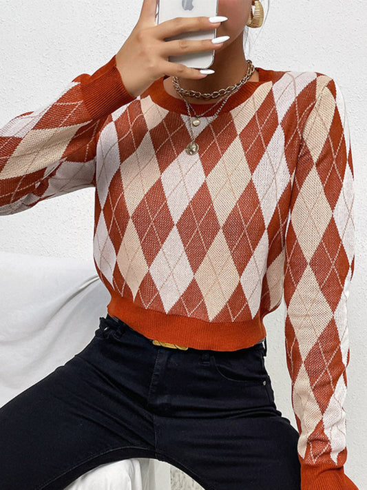 Foreign trade women's long-sleeved short rhombus sweater