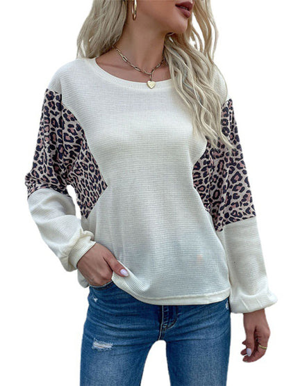 loose crew neck bottoming leopard print knitted sweater