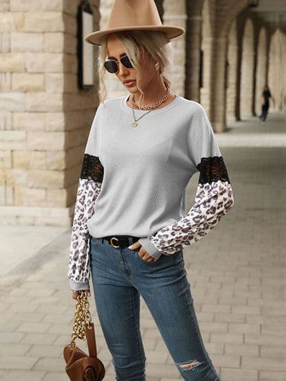 women's leopard print long-sleeved contrast color knitted top