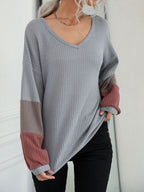 Autumn Colorblock Long Sleeve Grey V-Neck Knit Sweater