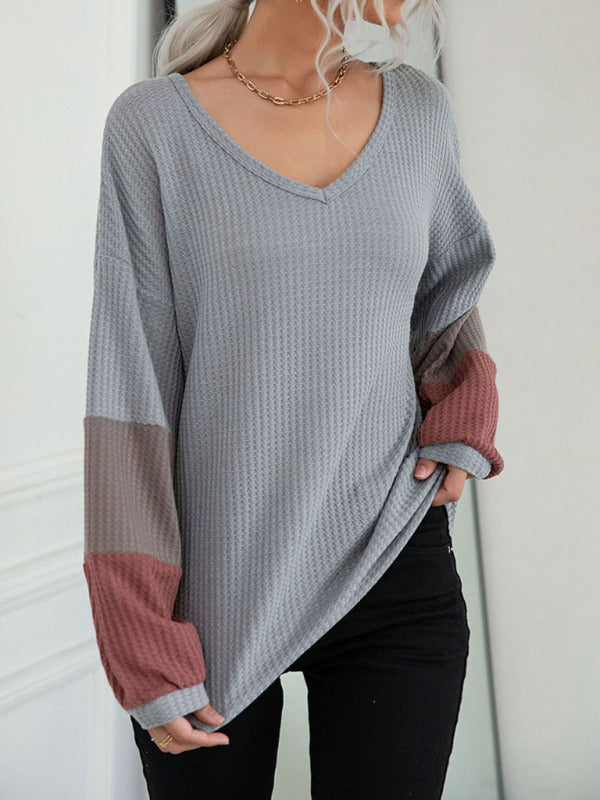 Autumn Colorblock Long Sleeve Grey V-Neck Knit Sweater