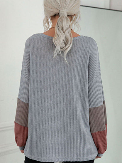 Autumn Colorblock Long Sleeve Grey V-Neck Knit Sweater