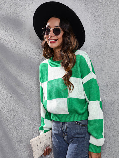 Women's chessboard checkered shoulder long sleeve short loose knit sweater