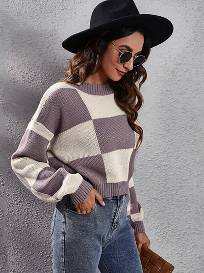 Women's chessboard checkered shoulder long sleeve short loose knit sweater