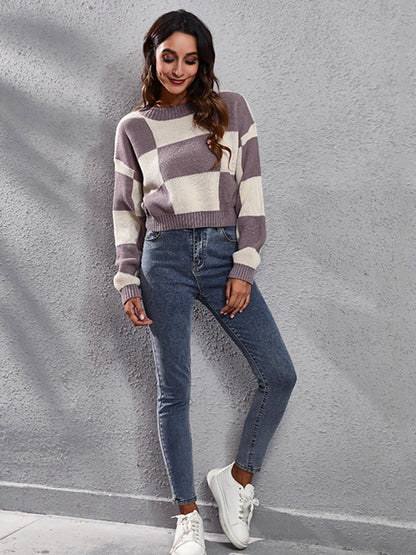 Women's chessboard checkered shoulder long sleeve short loose knit sweater