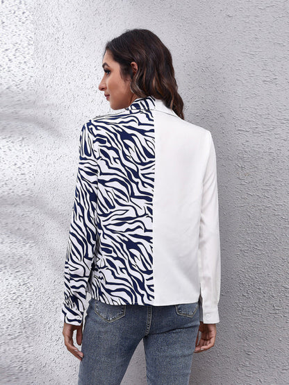 Women's suit collar checkerboard zebra stitched shirt