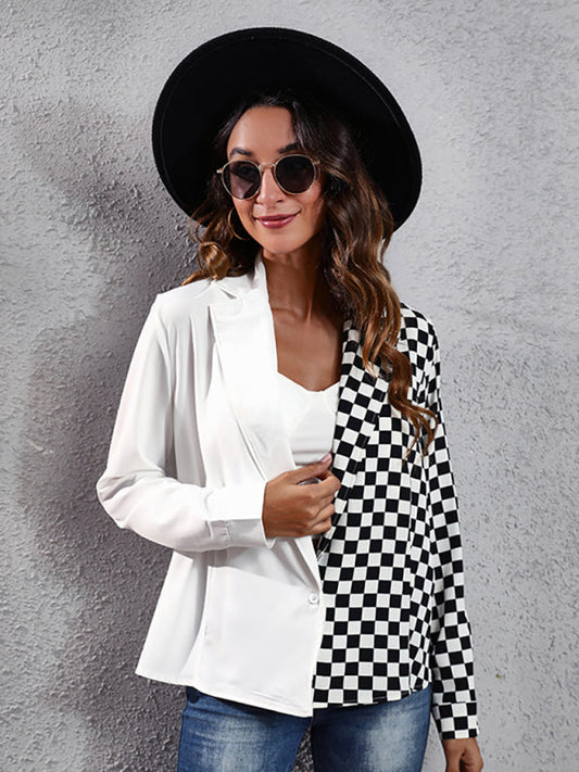Women's suit collar checkerboard zebra stitched shirt