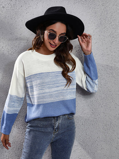 Women's gradient color block off shoulder knitted sweater