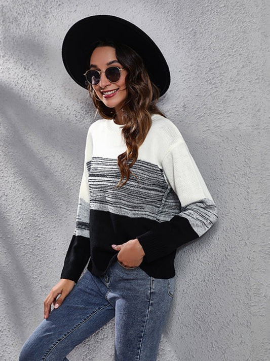 Women's gradient color block off shoulder knitted sweater