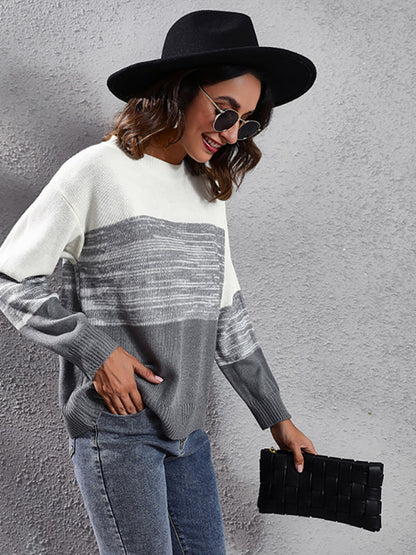 Women's gradient color block off shoulder knitted sweater