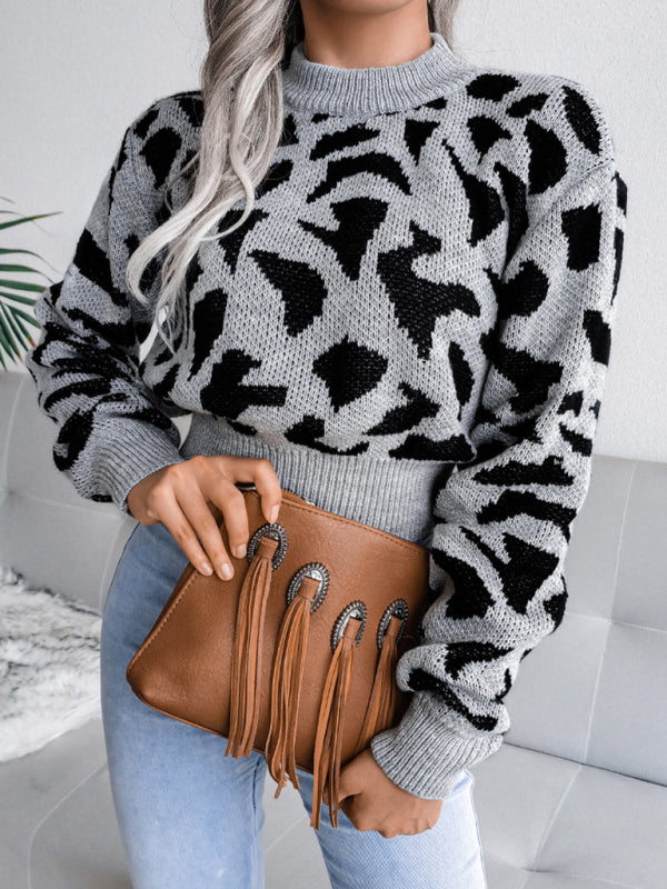 Women's casual leopard waist closed knit navel sweater