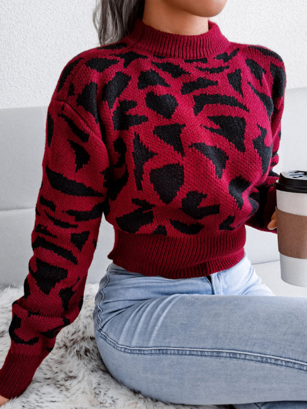 Women's casual leopard waist closed knit navel sweater
