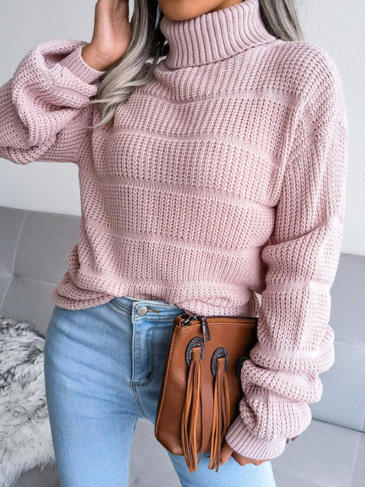 Women's high collar long sleeve hollow out casual bottomed knitted sweater