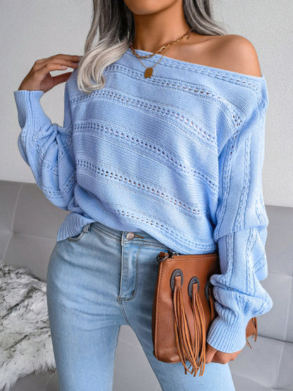 Women's straight neck off shoulder hollow out fried dough twist casual knitted sweater