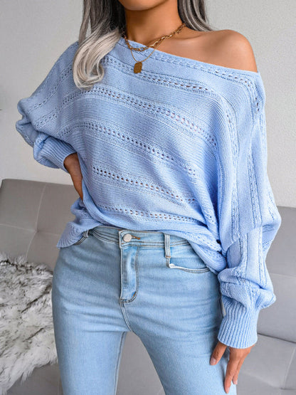 Women's straight neck off shoulder hollow out fried dough twist casual knitted sweater